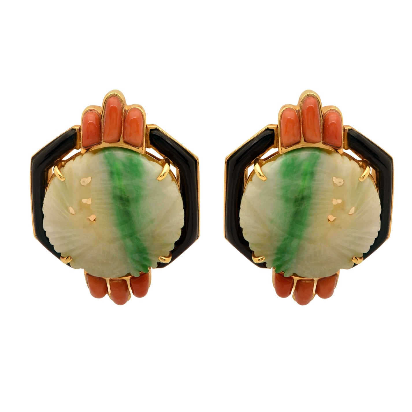 Close-up view of exquisite 18K yellow gold coral, jade & onyx earrings from Vivid Diamonds, featuring a bold and sophisticated vintage-inspired aesthetic.