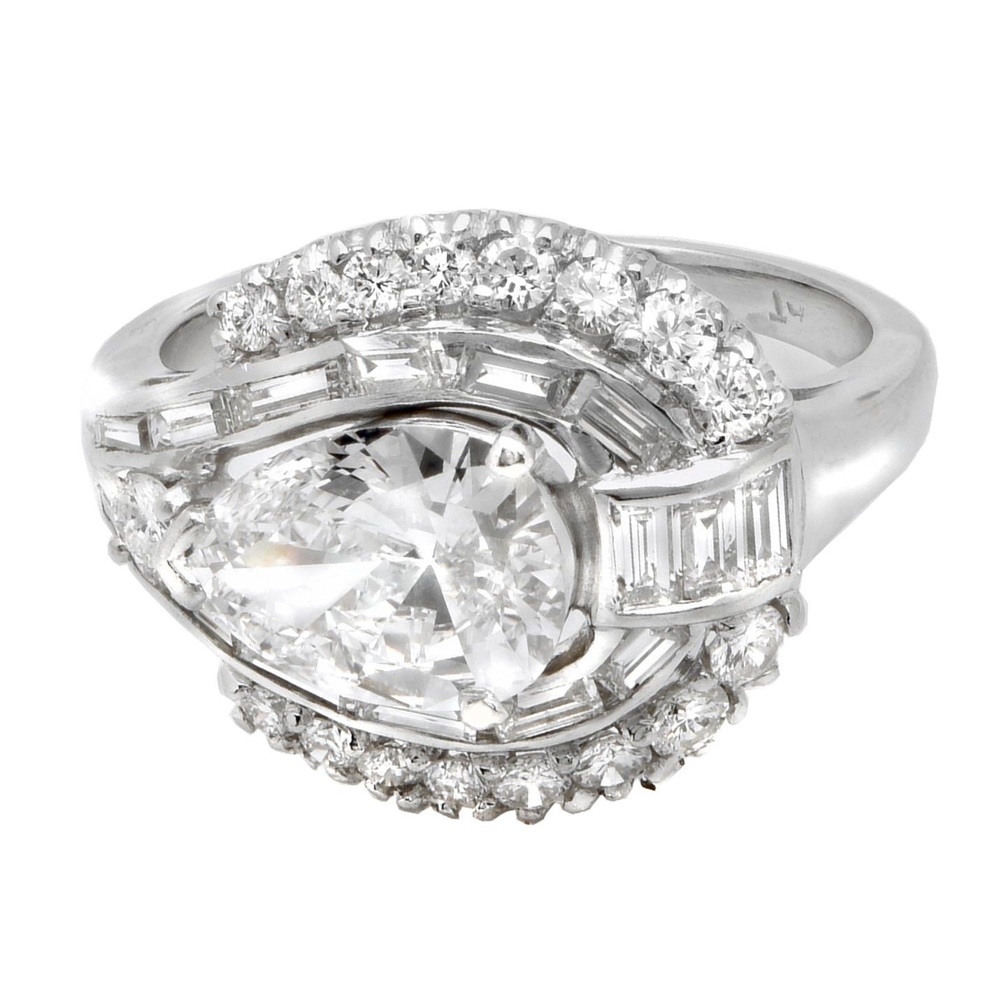 Elegant 1.27ct Platinum Pear Cut Diamond Engagement Ring with VS1 Clarity and E Color, featuring a prominent pear-shaped center stone encircled by brilliant round and baguette diamonds for a timeless look.