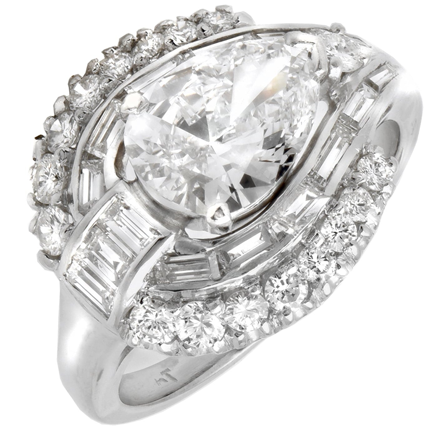 1.27ct Platinum Pear Cut Diamond Engagement Ring with VS1 Clarity and E Color, showcasing a stunning pear-shaped diamond surrounded by dazzling smaller diamonds in a luxurious design.