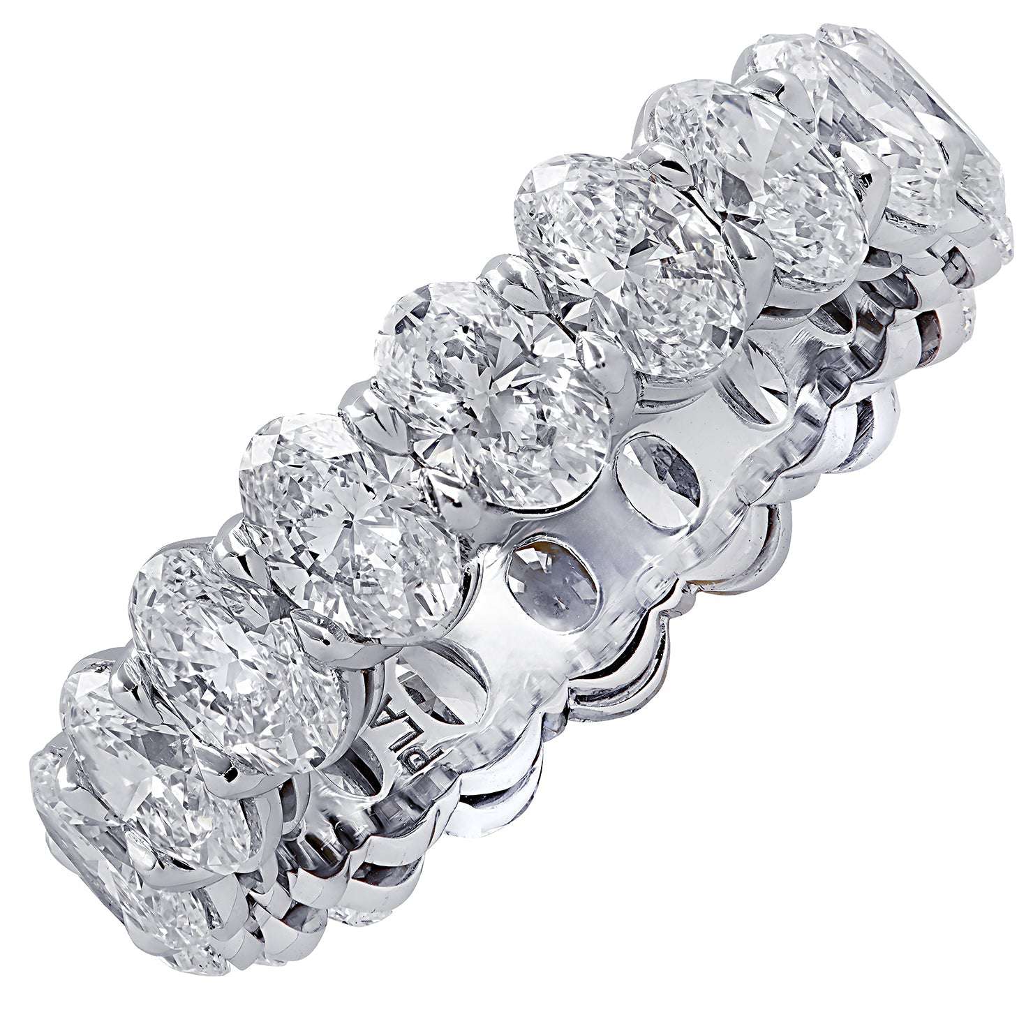 Close-up of the Elegant 4.43 Ct Oval Cut Diamond Eternity Band in Platinum by Vivid Diamonds, showcasing the exquisite brilliance of oval cut diamonds set in a seamless design, symbolizing everlasting love.
