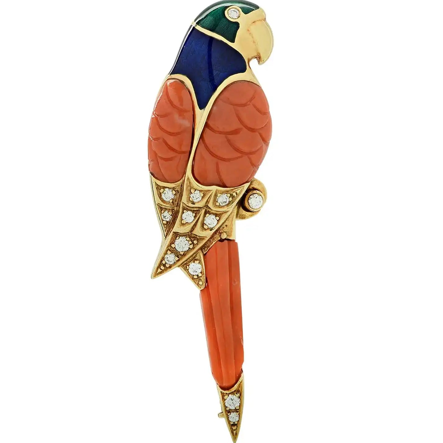 Faberge Coral Diamond and Enamel Parrot Brooch Pin-V45683