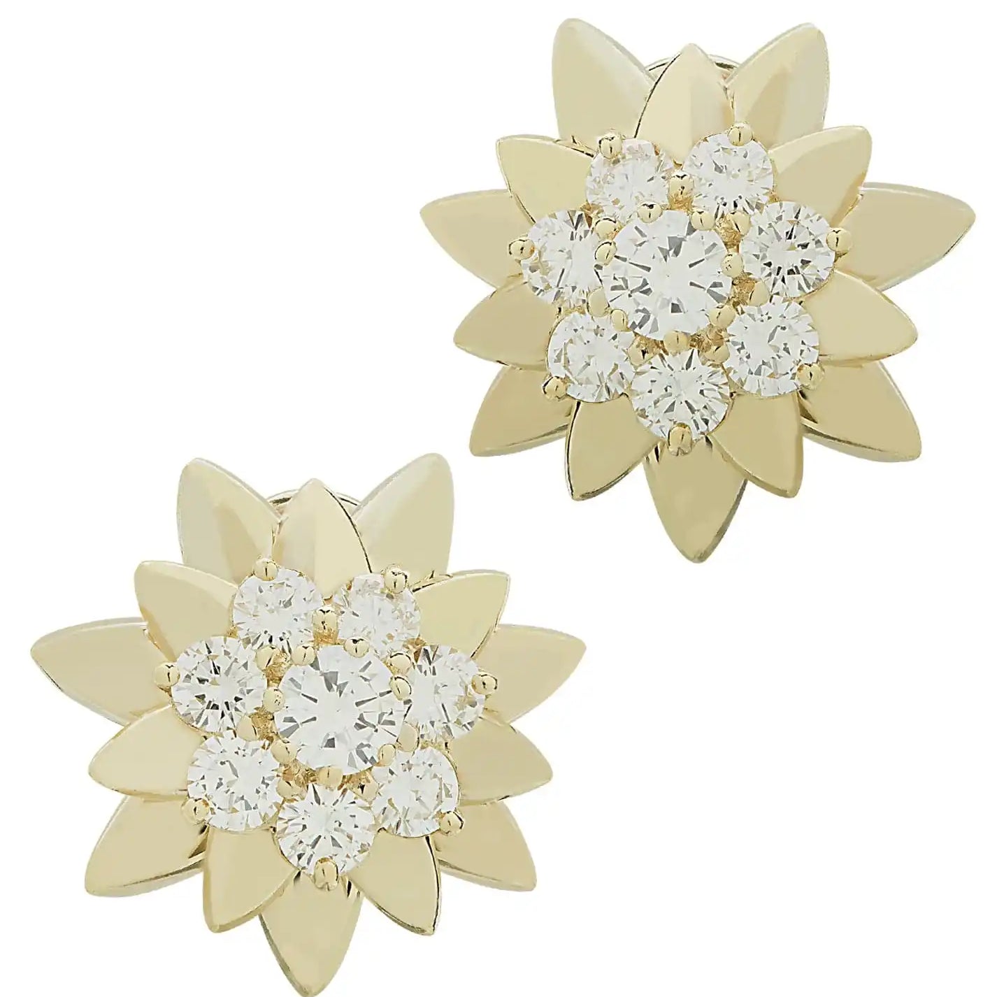 Gold flower-shaped stud earrings with clear gemstones.
