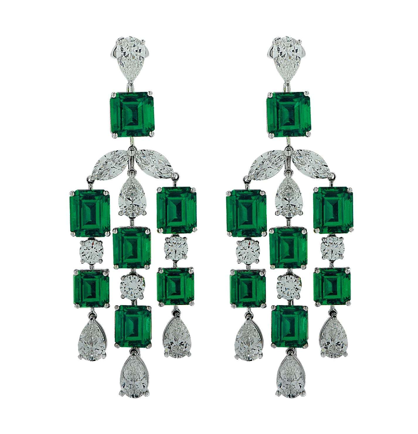 Glamorous 24Ct Colombian Emerald & Diamond Dangle Earrings in Platinum by VIVID, featuring a striking arrangement of emeralds and diamonds, designed for elegance and sophistication.