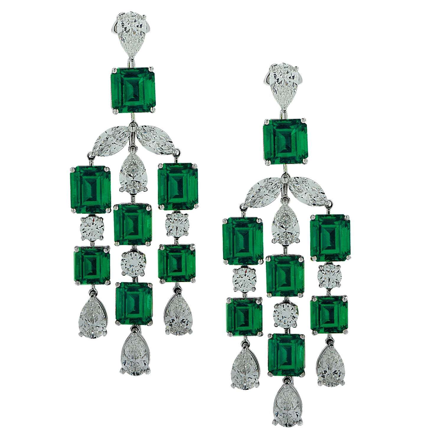 Stunning 24Ct Colombian Emerald & Diamond Dangle Earrings in Platinum by VIVID, showcasing exquisite emerald cut Colombian emeralds and GIA certified diamonds in a luxurious cascading design.
