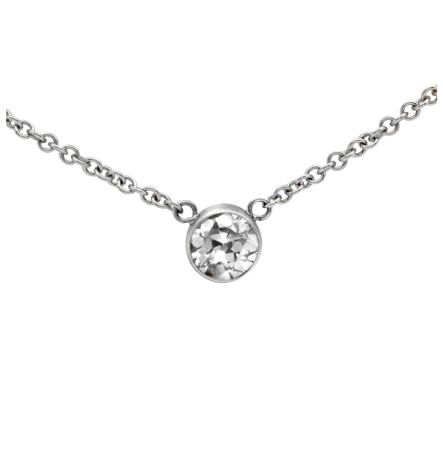 Vivid Diamonds 1.03 Ct Old European Cut Diamond Pendant Necklace in 18k White Gold, featuring a stunning bezel-set diamond on a delicate chain.