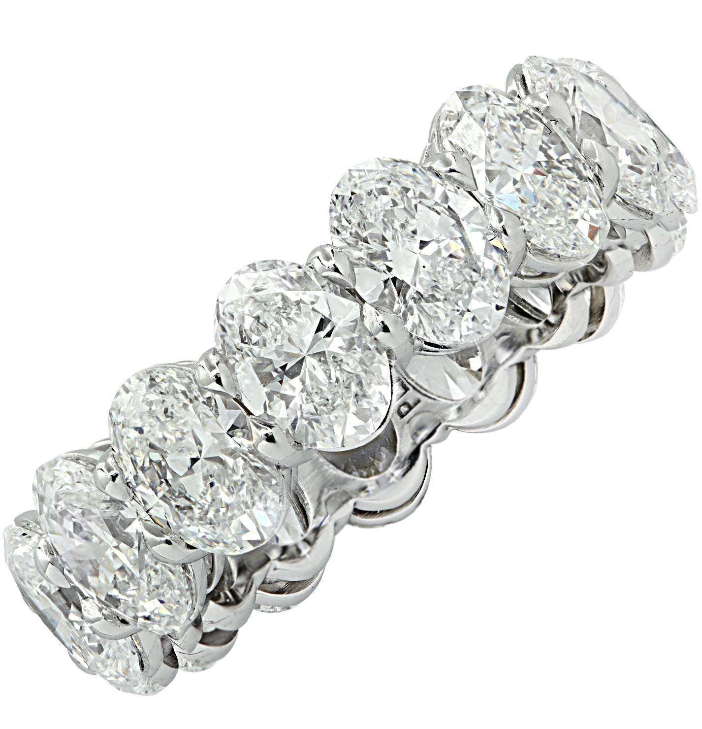 GIA Certified 7.55 Ct Oval Cut Diamond Eternity Band in Platinum by Vivid Diamonds, showcasing brilliant oval diamonds set in a luxurious platinum band, symbolizing elegance and timeless beauty.
