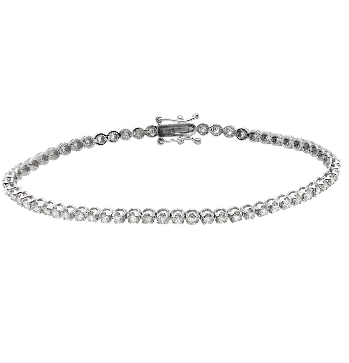 Back view of the Vivid Diamonds 2.08 Ct White Gold Diamond Tennis Bracelet, highlighting its secure hidden clasp and continuous sparkle from 62 round brilliant cut diamonds.