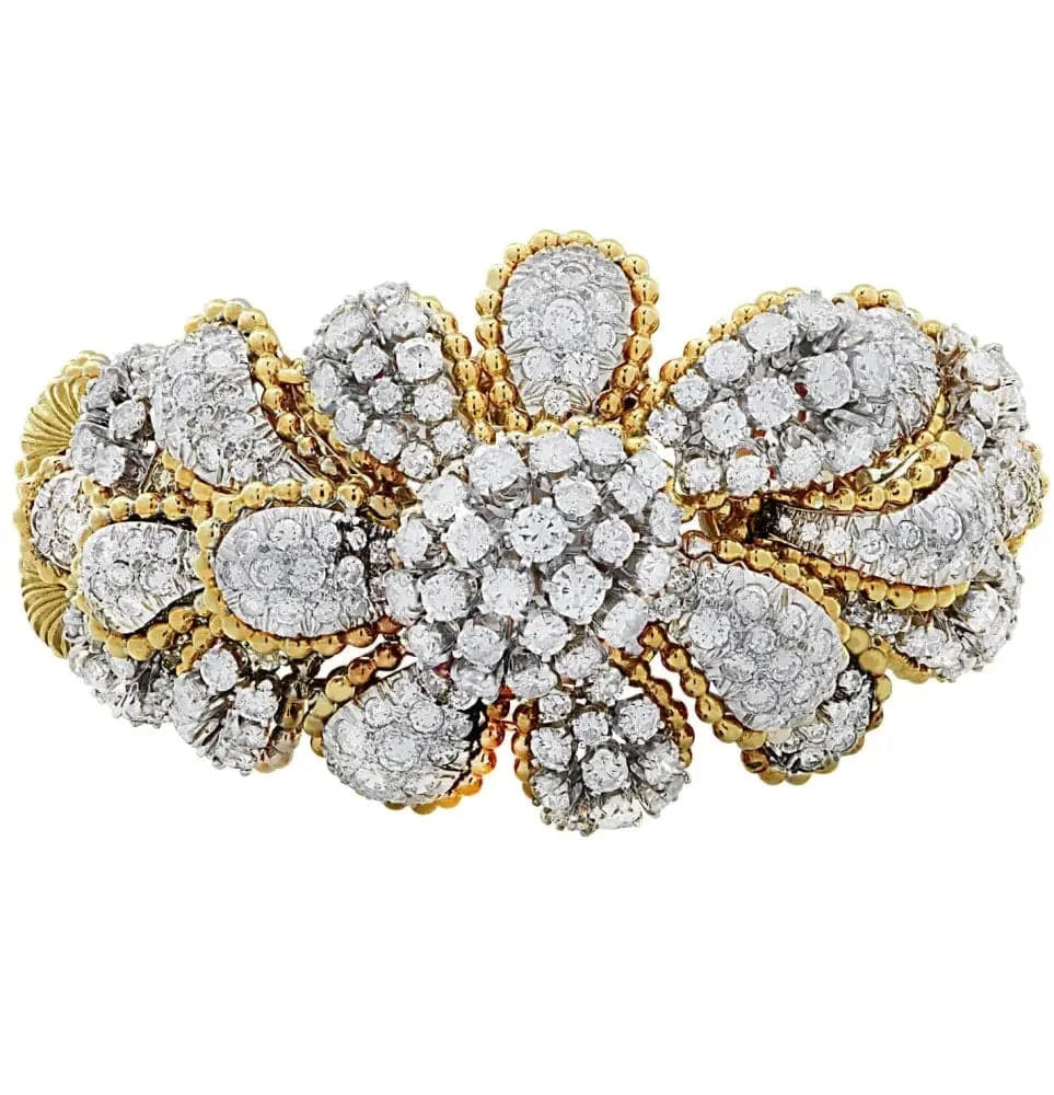 13 Carat Diamond and Yellow Gold Flower Bangle Bracelet -V46490 - Vivid Diamonds