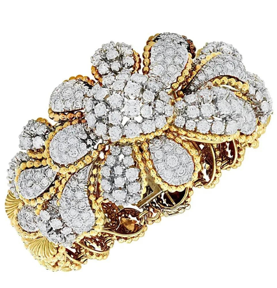 13 Carat Diamond and Yellow Gold Flower Bangle Bracelet -V46490 - Vivid Diamonds