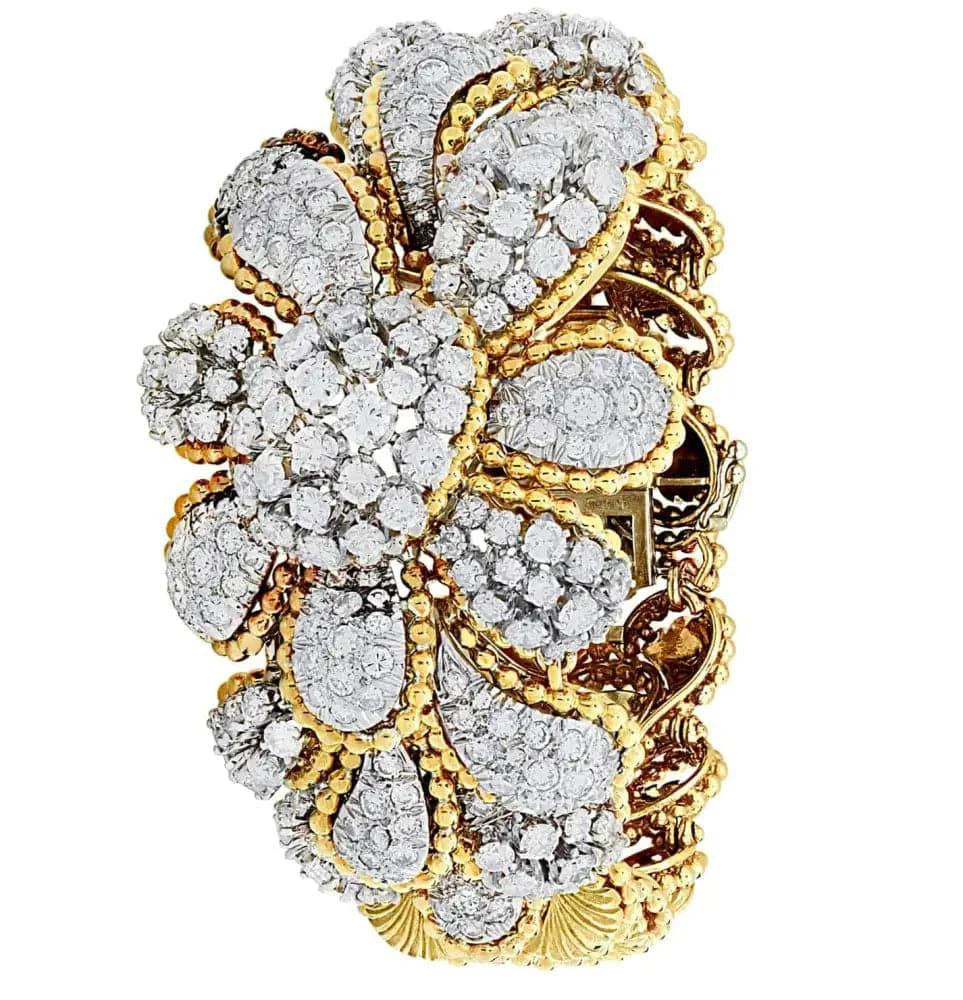 13 Carat Diamond and Yellow Gold Flower Bangle Bracelet -V46490 - Vivid Diamonds