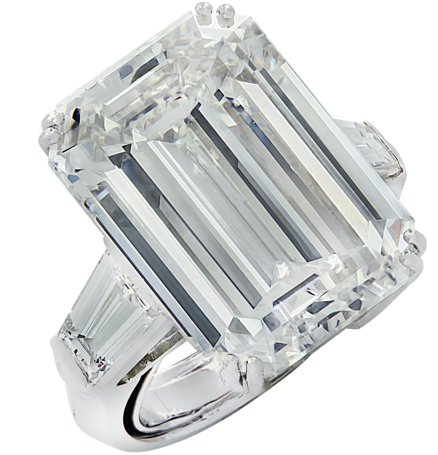 Stunning 18.66ct GIA Certified Emerald Cut Diamond Engagement Ring in Platinum with Baguette Side Stones by Vivid Diamonds, showcasing intricate craftsmanship and brilliant design.