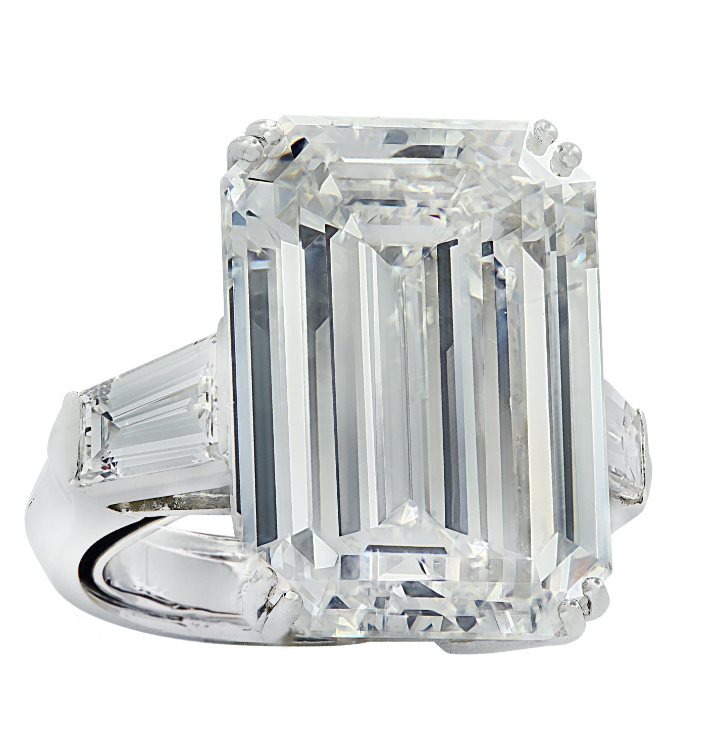 Exquisite 18.66ct GIA Certified Emerald Cut Diamond Engagement Ring in Platinum with Baguette Side Stones by Vivid Diamonds, highlighting the luxurious sparkle and elegance of the center diamond.