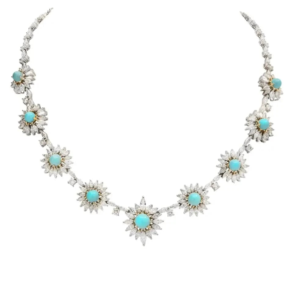 15.65ct Turquoise and White Diamond 29.2ct Flower Cluster Necklace-V47844 - Vivid Diamonds