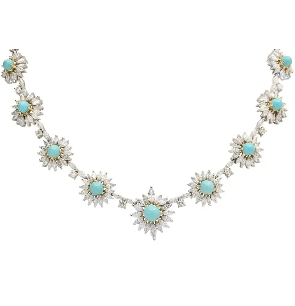 15.65ct Turquoise and White Diamond 29.2ct Flower Cluster Necklace-V47844