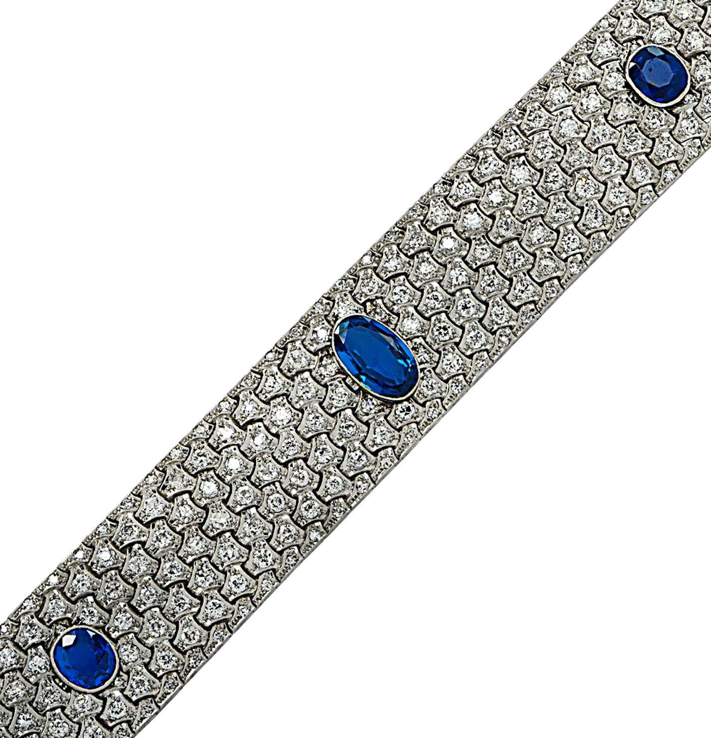 Circa 1920 French Art Deco Burma Sapphire & Old European Cut Diamond Bangle Bracelet - V37558 Vivid Diamonds