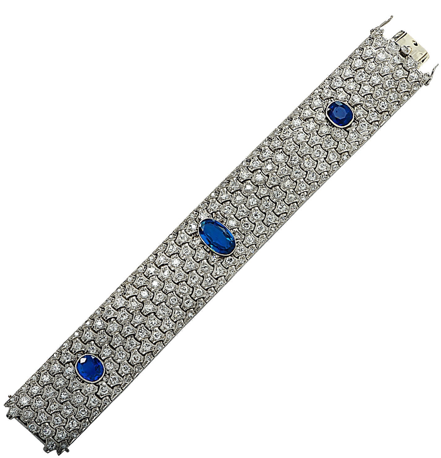 Circa 1920 French Art Deco Burma Sapphire & Old European Cut Diamond Bangle Bracelet - V37558 Vivid Diamonds