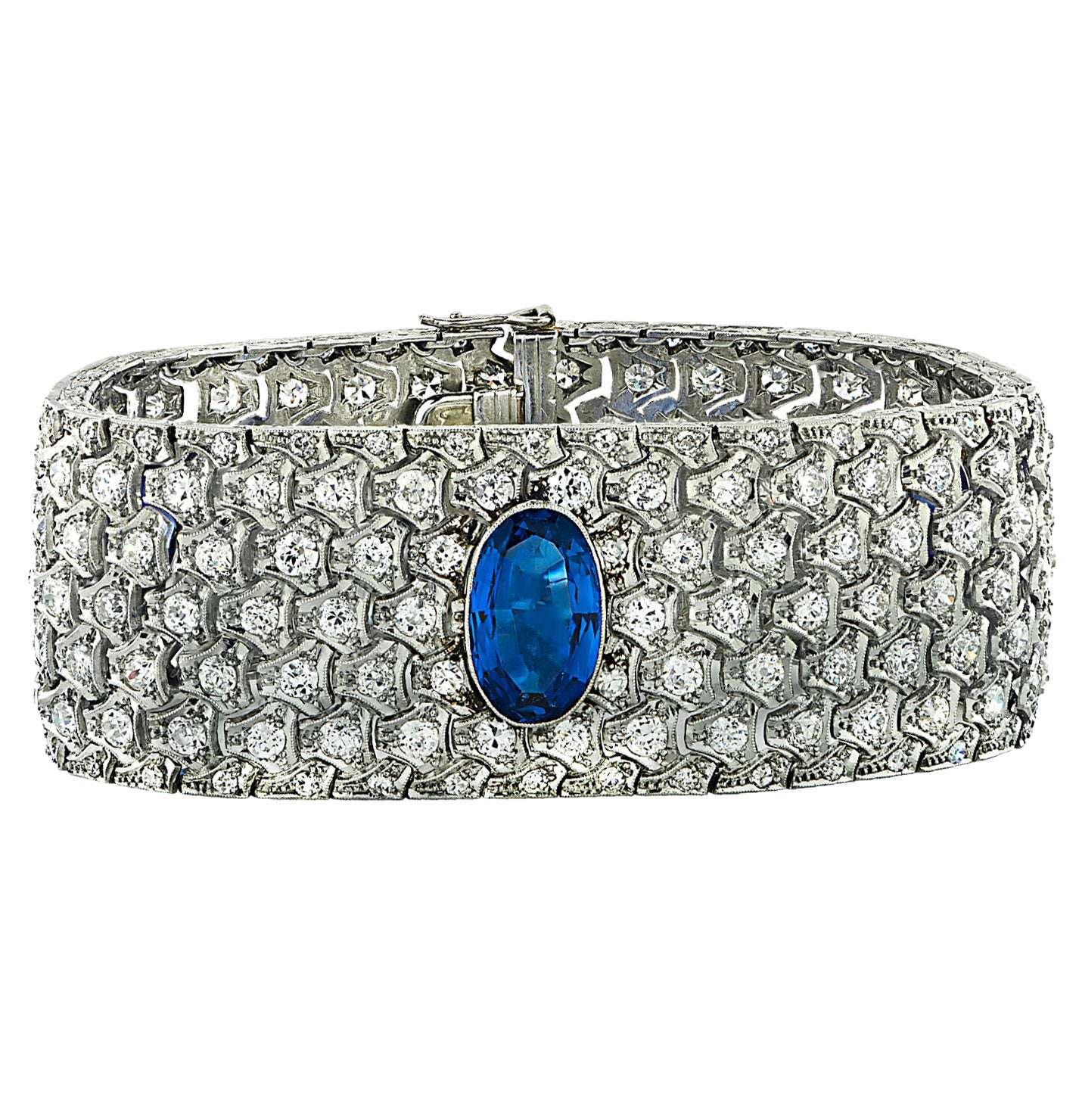 Circa 1920 French Art Deco Burma Sapphire & Old European Cut Diamond Bangle Bracelet - V37558 Vivid Diamonds