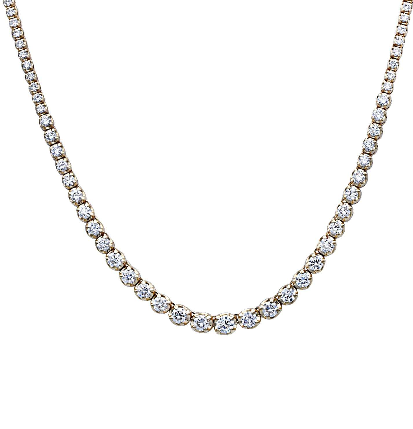 Luxurious Vivid Diamonds 6.70 Ct Yellow Gold Diamond Riviere Necklace showcasing 146 brilliant cut diamonds, elegantly designed for sophistication.