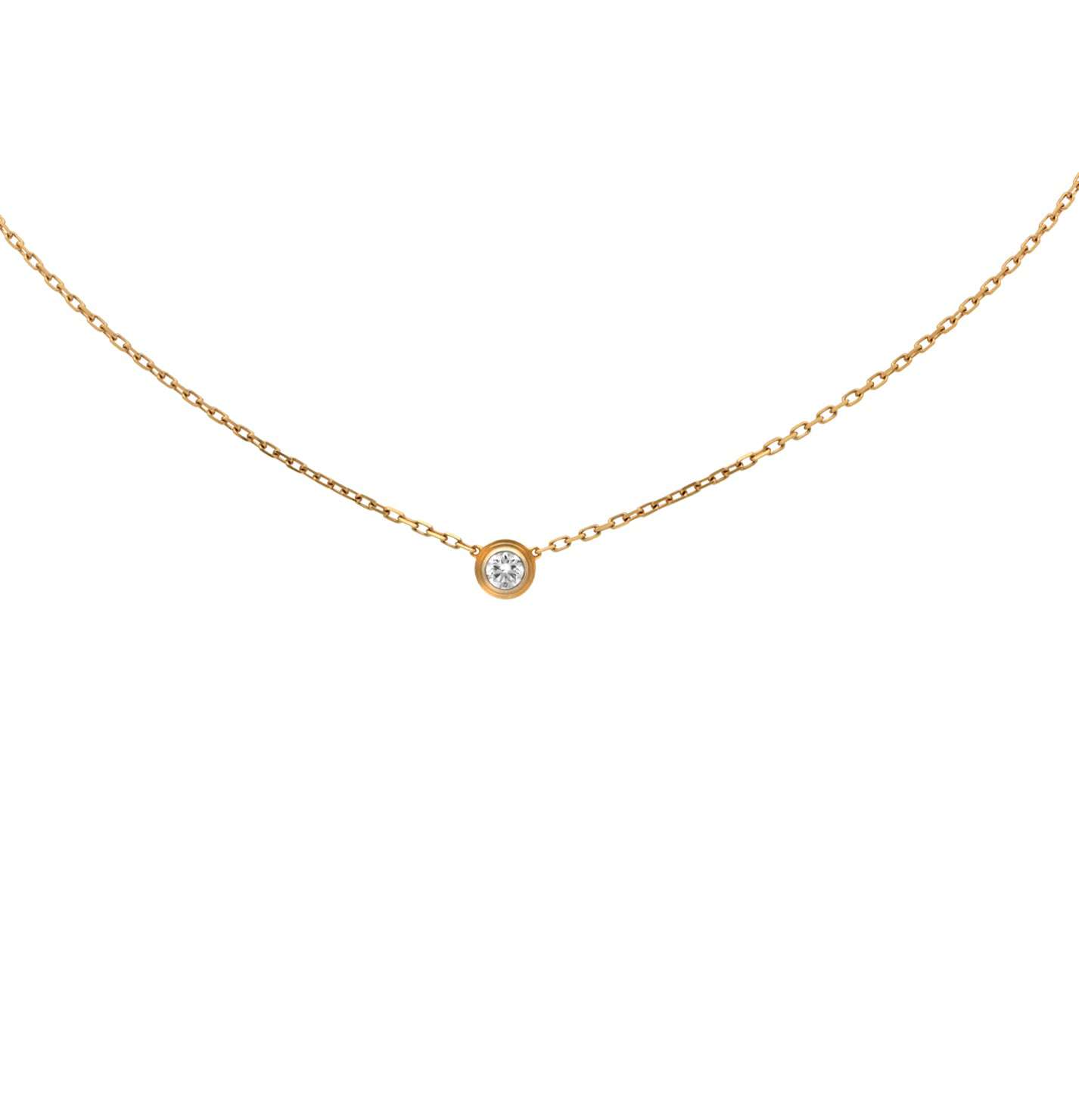 Close-up view of the Cartier D'Amour Diamond Necklace in 18k Yellow Gold, highlighting its minimalist design and sparkling round diamond from Vivid Diamonds.