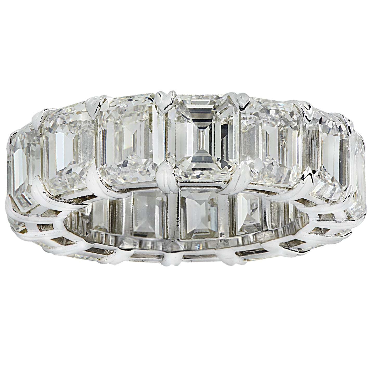 Top angle of the 15.2 Carat Emerald Cut Diamond Eternity Band in Platinum by Vivid Diamonds, highlighting the exquisite craftsmanship and exceptional brilliance of the emerald cut diamonds in a classic eternity design.