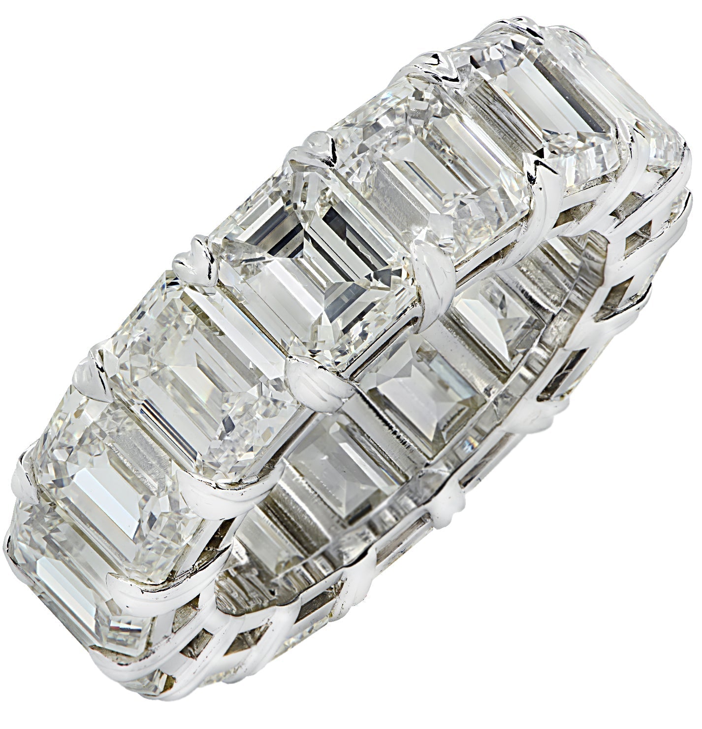 15.2 Carat Emerald Cut Diamond Eternity Band in Platinum by Vivid Diamonds showcasing brilliant emerald cut diamonds set in a luxurious platinum band, symbolizing timeless luxury.