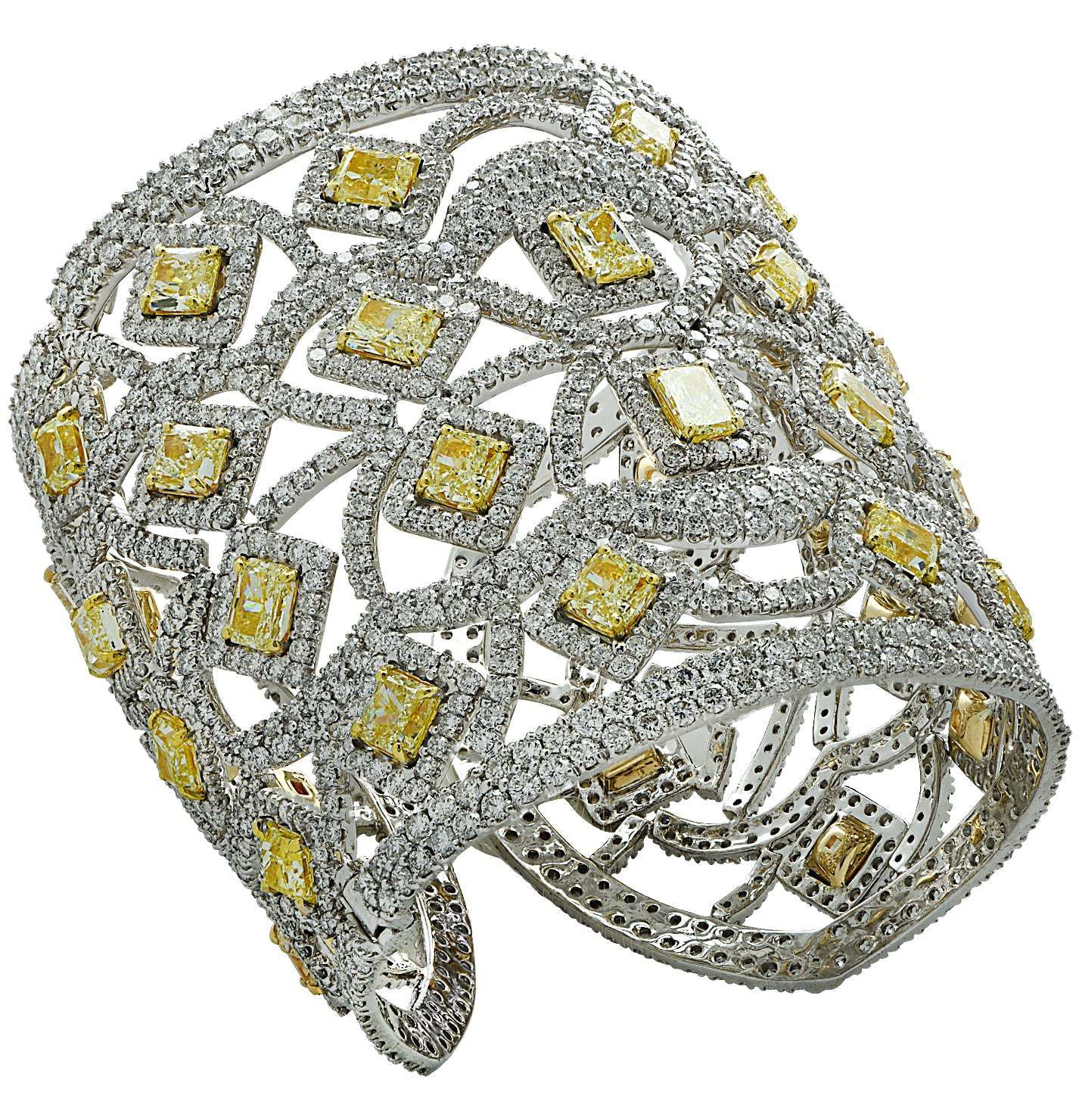 Stunning 72.44 Carat Fancy Yellow Diamond Cuff Bangle by Vivid Diamonds, crafted in 18K White and Yellow Gold, featuring intricate open metalwork design embellished with radiant cut and round brilliant cut diamonds.