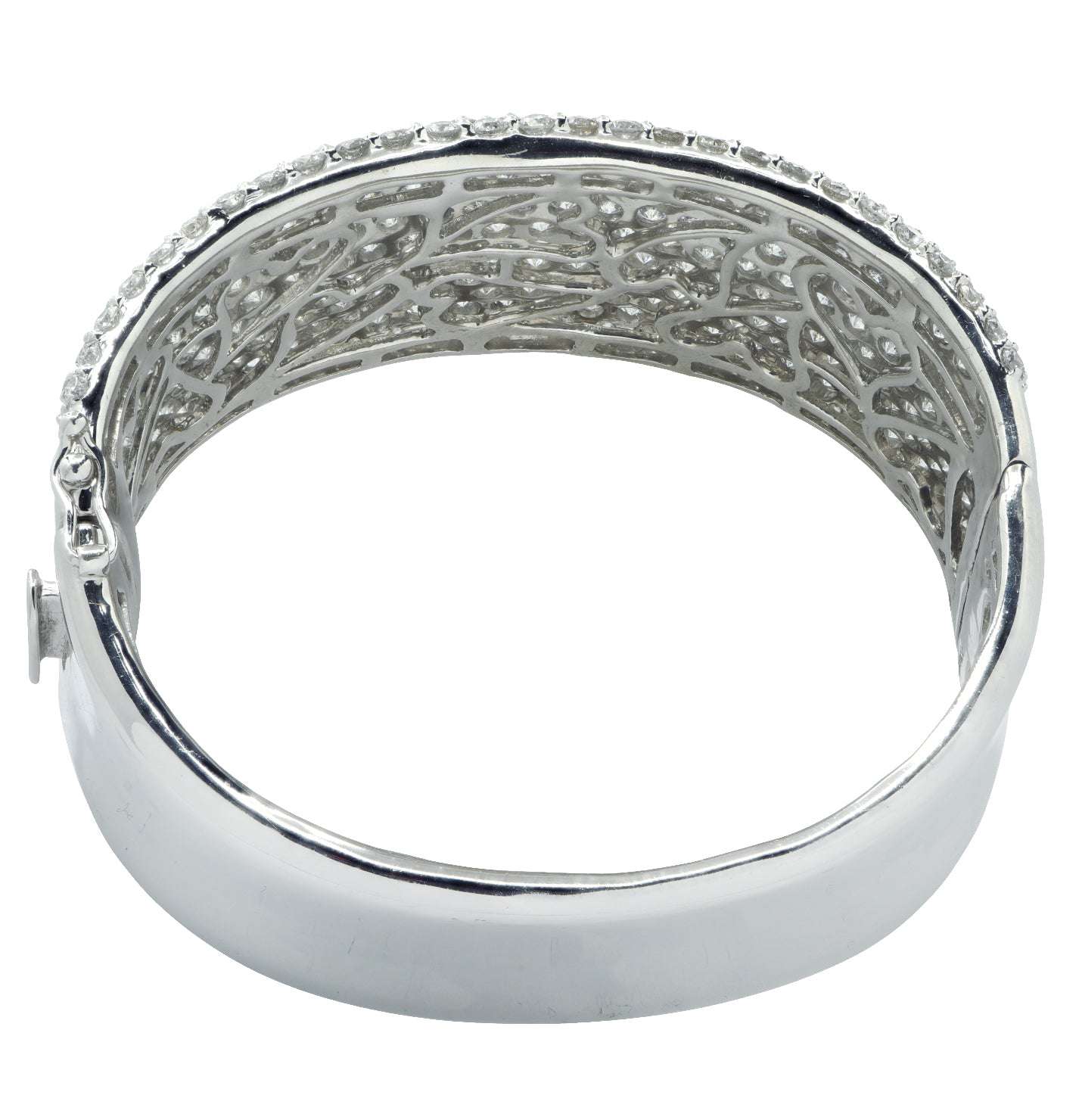 Interior view of Vivid Diamonds 27.72 Carat Diamond Bangle revealing intricate design features and secure hidden clasp, exemplifying fine jewelry craftsmanship.