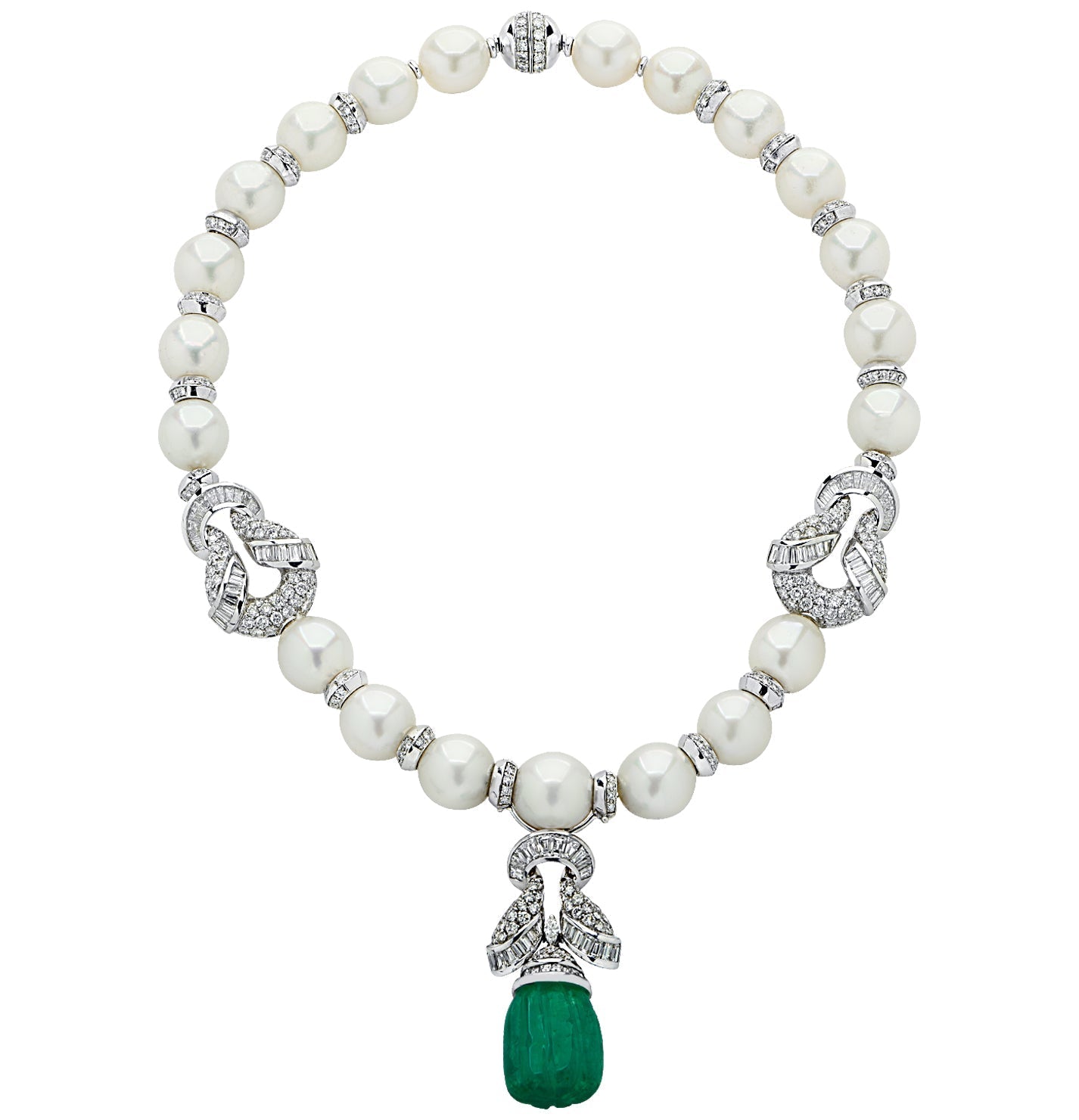 Piranesi Italy Diamond, Pearl and Carved Emerald Drop Necklace -V78713 Vivid Diamonds