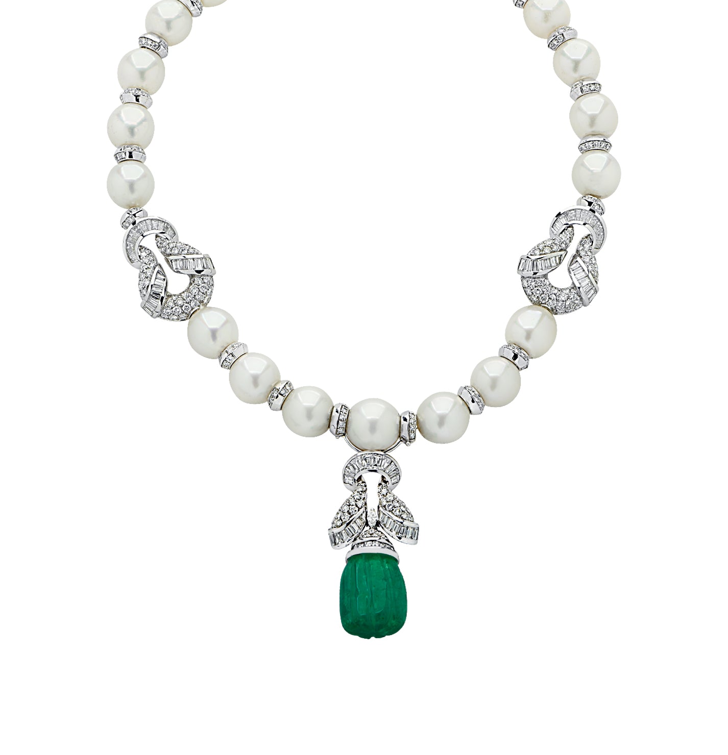 Piranesi Italy Diamond, Pearl and Carved Emerald Drop Necklace -V78713 - vividdiamonds