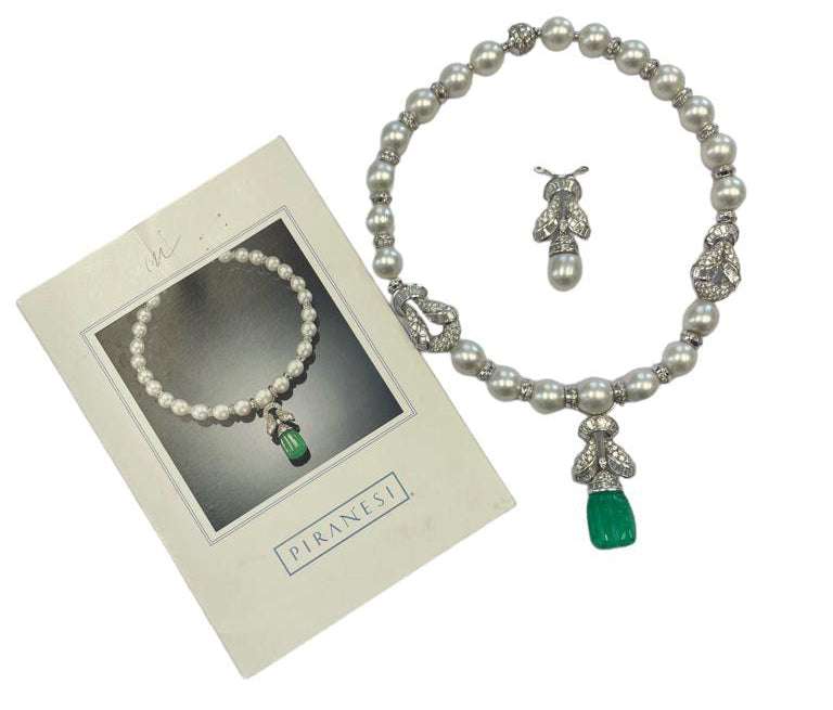 Piranesi Italy Diamond, Pearl and Carved Emerald Drop Necklace -V78713 Vivid Diamonds