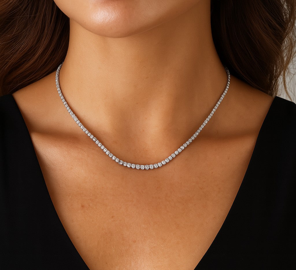 Elegant model showcasing the Straight Line 5.70 Carat Diamond Tennis Necklace by Vivid Diamonds, highlighting its classic beauty and exquisite craftsmanship.