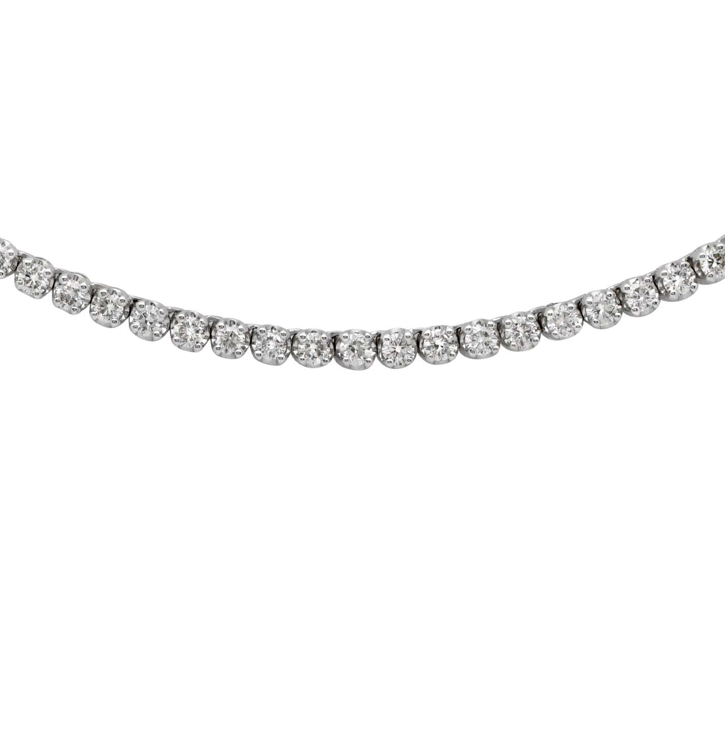 Close-up view of the Straight Line 5.70 Carat Diamond Tennis Necklace by Vivid Diamonds, featuring 145 round brilliant cut diamonds set in white gold.