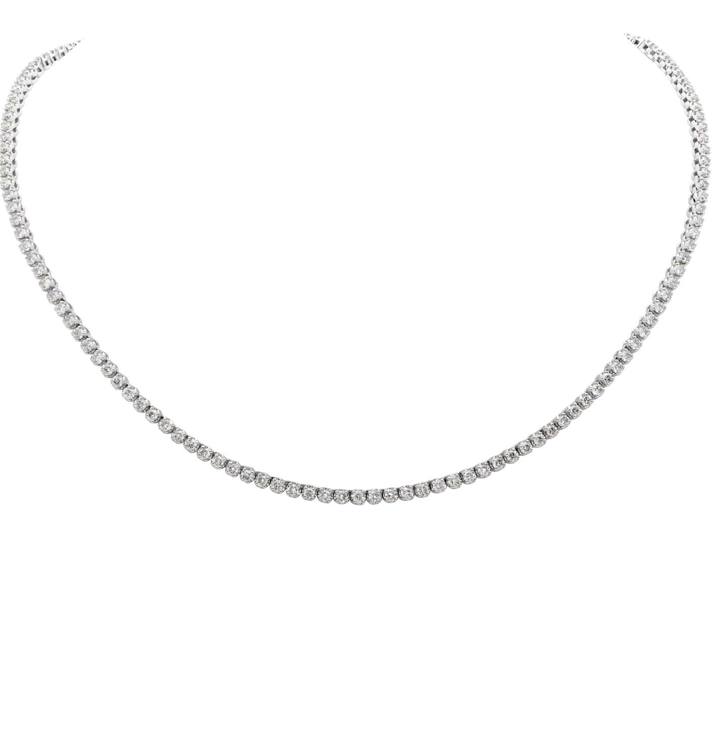 Elegant Straight Line 5.70 Carat Diamond Tennis Necklace from Vivid Diamonds, showcasing exquisite craftsmanship with 145 round brilliant cut diamonds set in luxurious white gold.