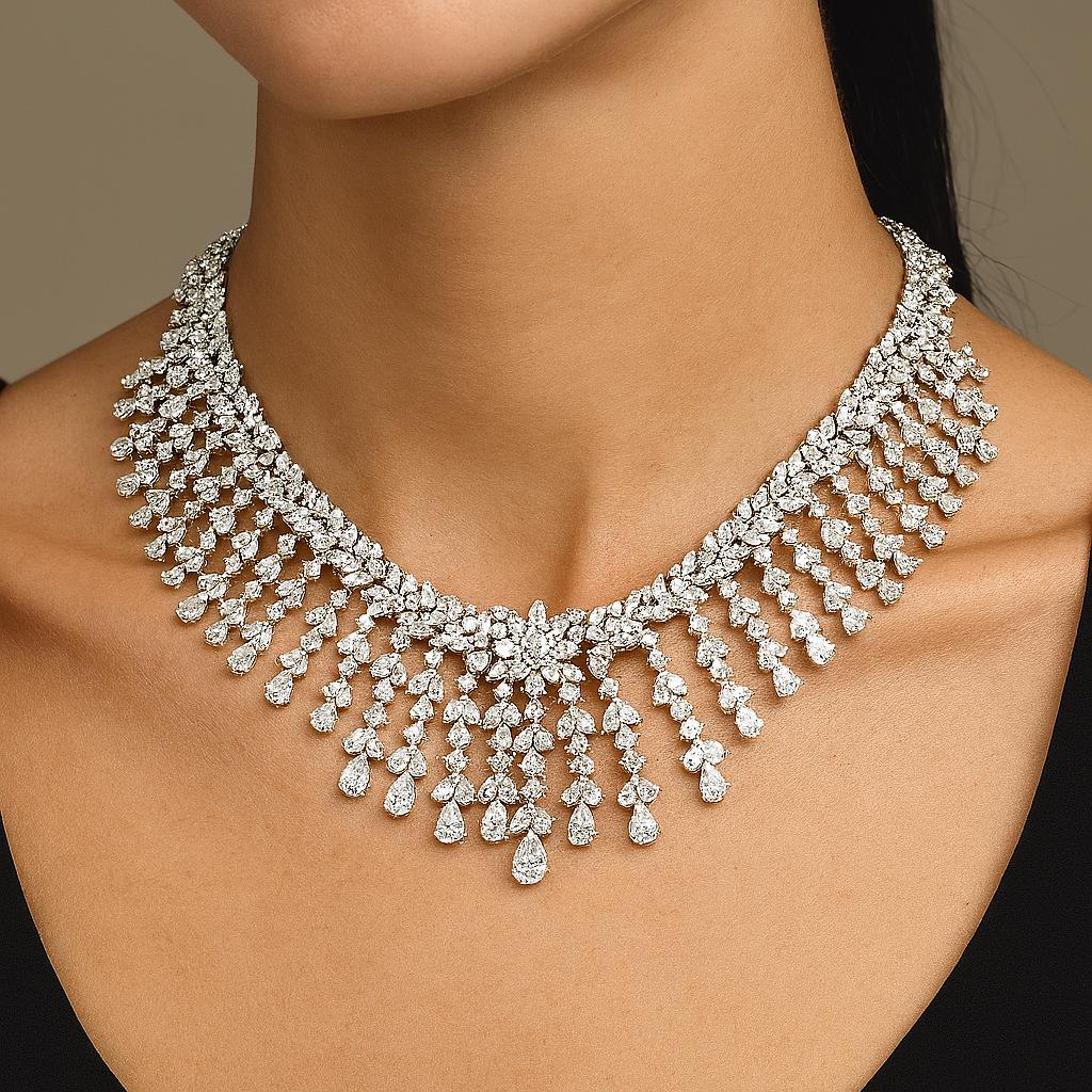 Luxurious 119ct Diamond Bib Necklace in Platinum by VIVID, showcasing exquisite craftsmanship with an array of mixed-shape diamonds, designed for elegance and opulence.