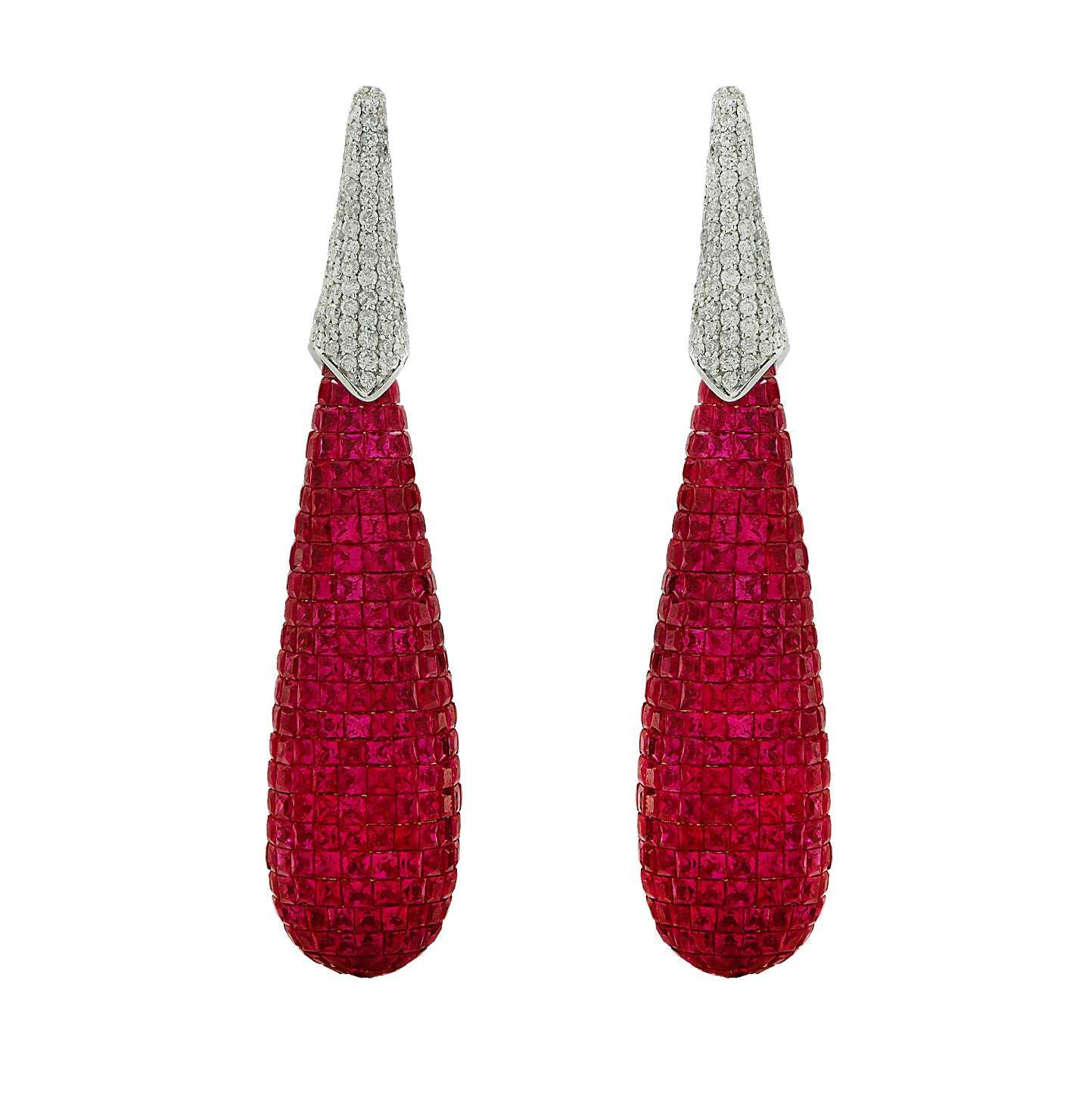 30 Carat Mystery Set Ruby & Diamond Dangle Earrings - V44022 Vivid Diamonds