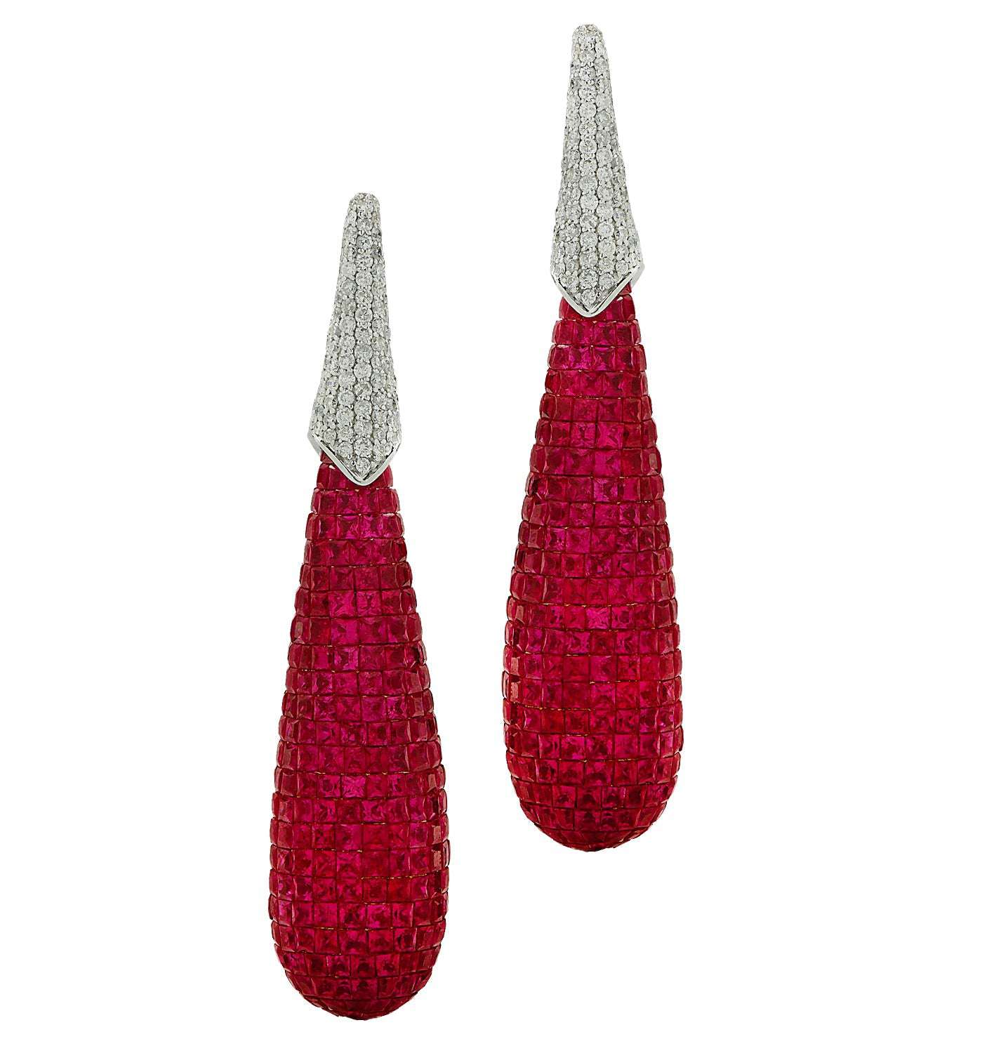 30 Carat Mystery Set Ruby & Diamond Dangle Earrings - V44022 Vivid Diamonds