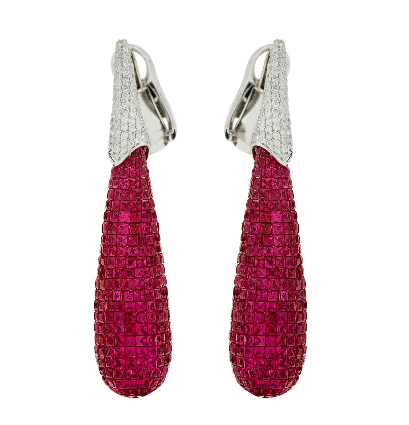 30 Carat Mystery Set Ruby & Diamond Dangle Earrings - V44022 Vivid Diamonds