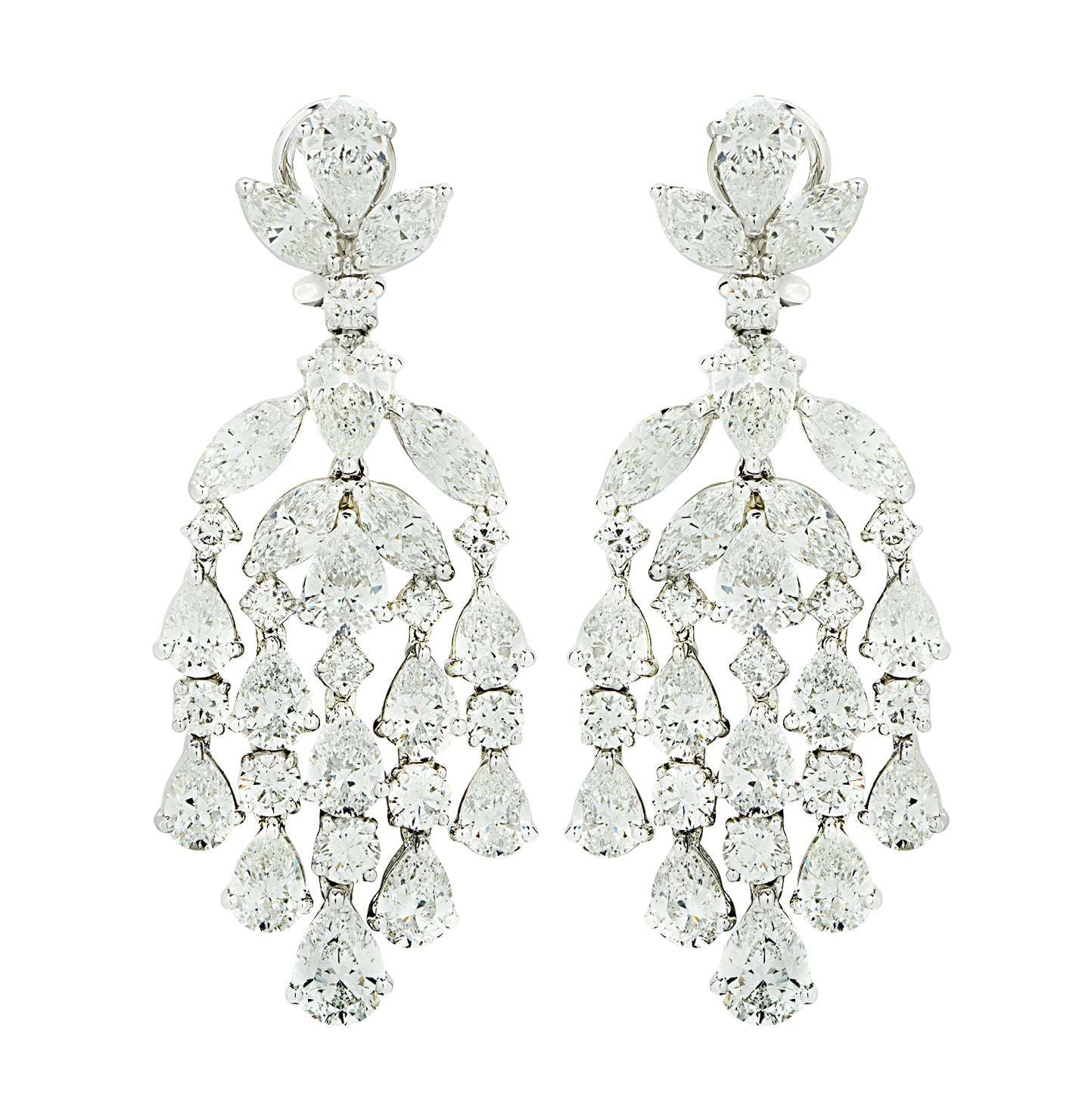 Vivid Diamonds 19 Carat Luxury Diamond Dangle Earrings - 60 Stones, Crafted in Platinum, V44748 showcasing a luxurious silhouette with multiple diamond cuts, elegant for daytime or formal events.