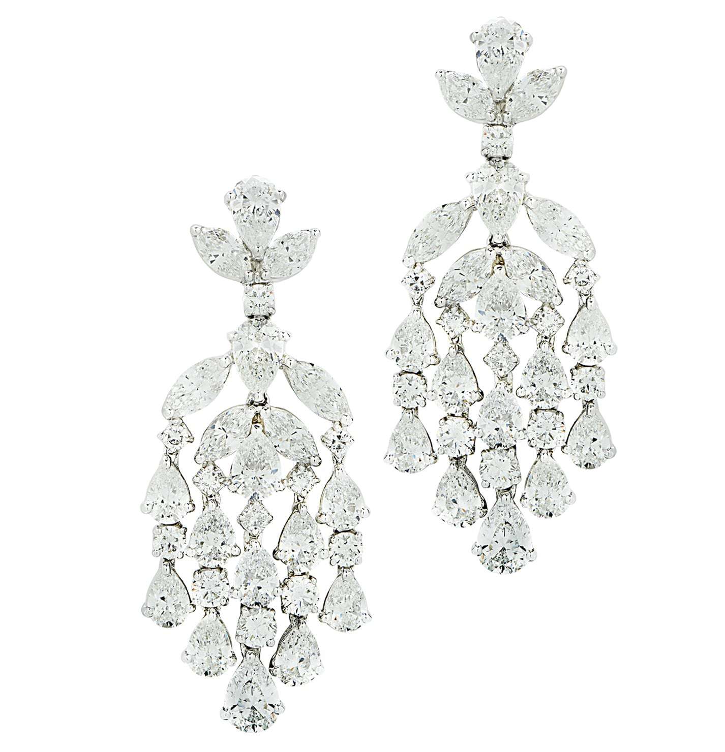 Vivid Diamonds 19 Carat Luxury Diamond Dangle Earrings - 60 Stones, Crafted in Platinum, V44748 featuring intricate pear, round brilliant, and marquise cut diamonds with a stunning dangle design, perfect for special occasions.