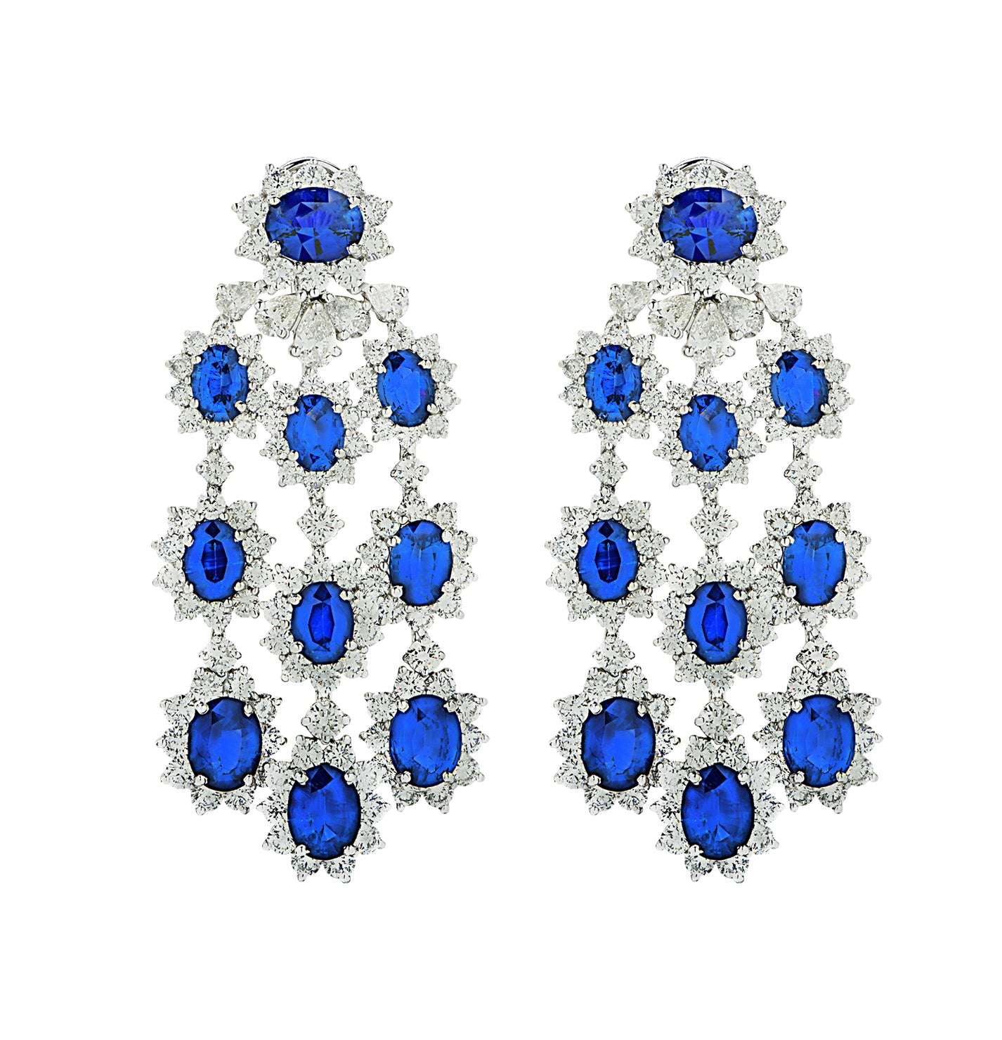 Stunning Vivid Diamonds 30Ct Sapphire & 21.25Ct Diamond Chandelier Earrings in Platinum featuring an intricate design with royal blue gemstones and a brilliant diamond halo, ideal for formal wear.