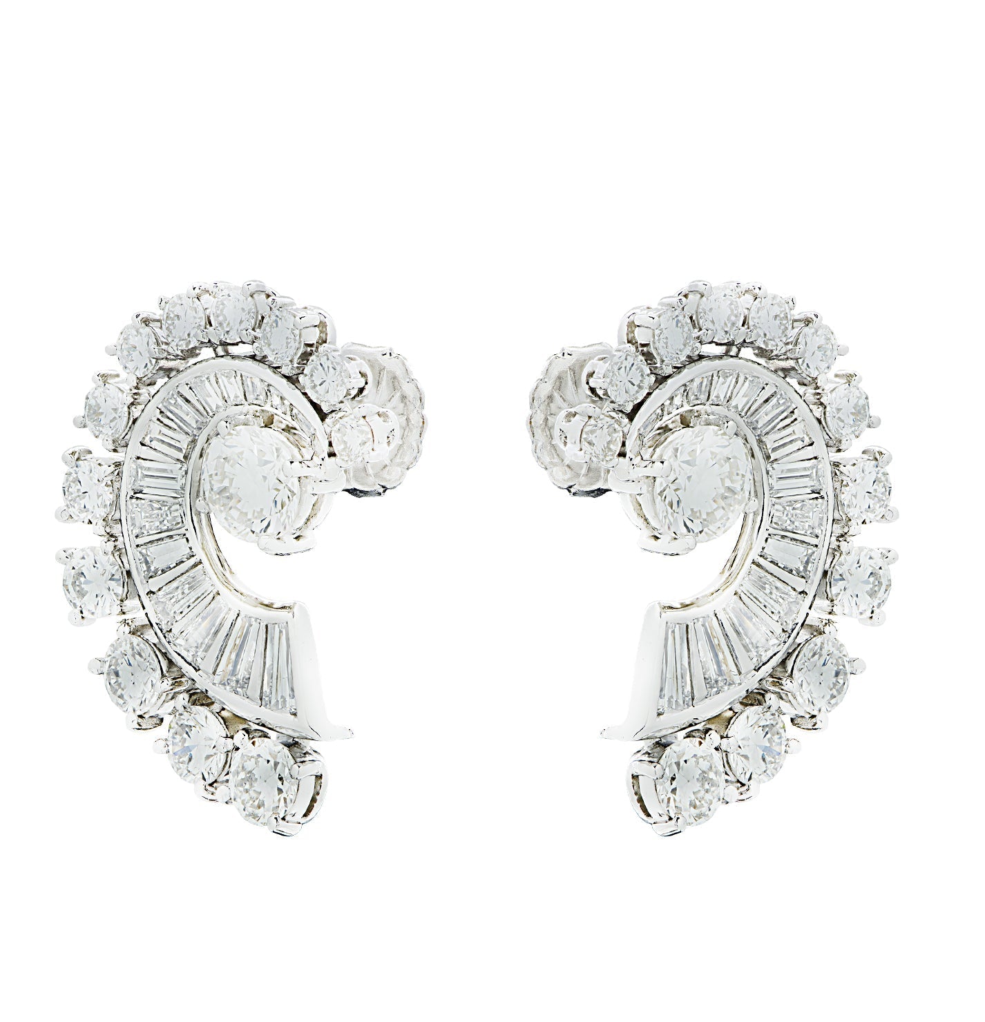 Chic Mid-Century 4 Carat Platinum Diamond Swirl Earrings by Vivid Diamonds, highlighting exquisite craftsmanship and brilliant diamond clarity for an impressive fashion statement.