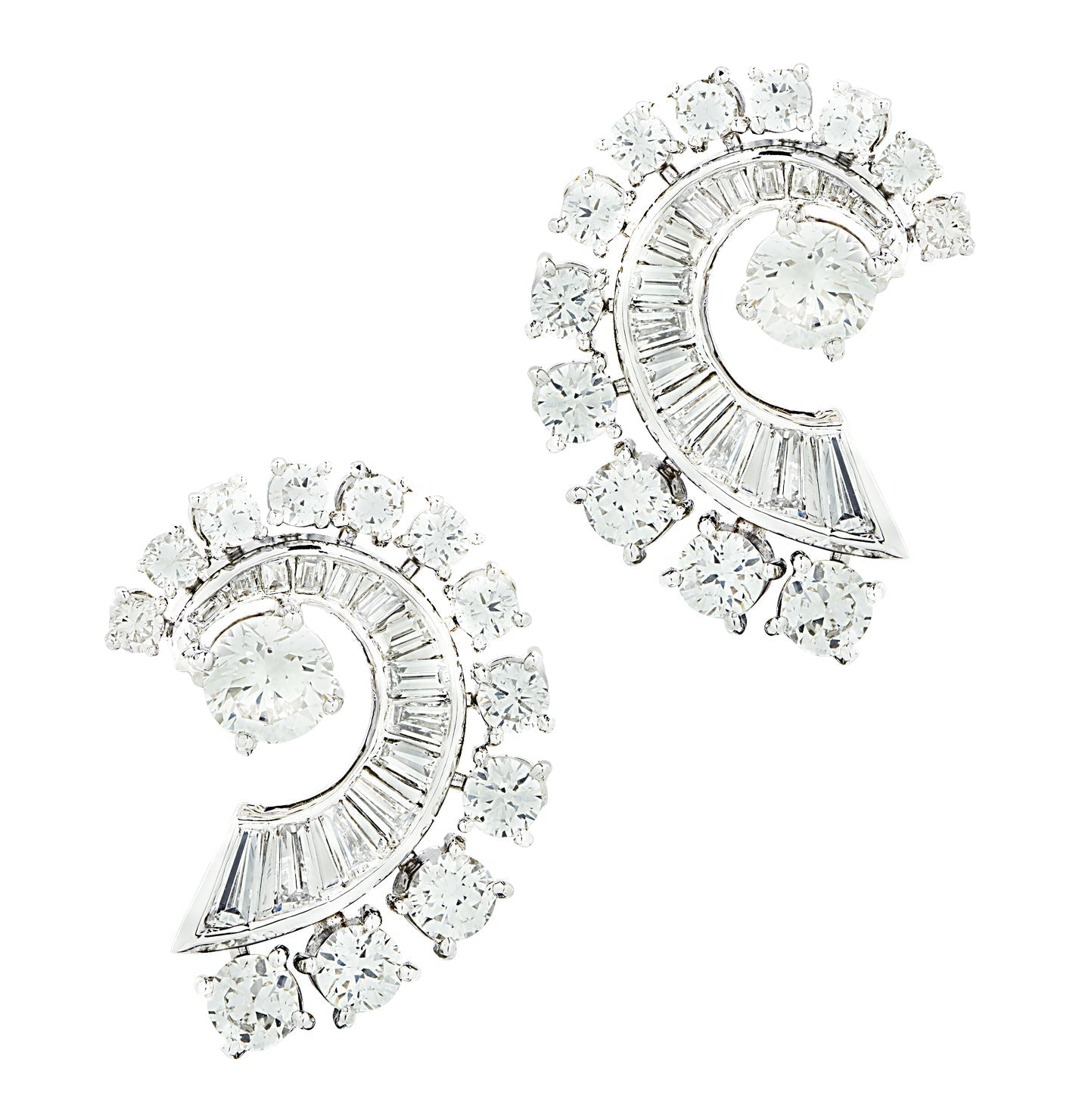 Luxury Mid-Century 4 Carat Platinum Diamond Swirl Earrings by Vivid Diamonds, featuring intricate designs with baguette and round brilliant-cut diamonds for a captivating sparkle.