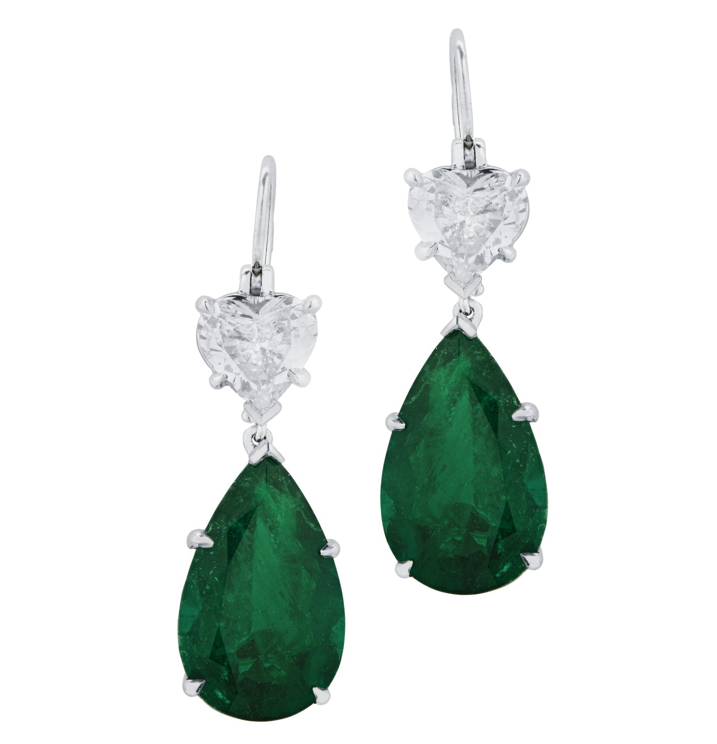 Vivid Diamonds GIA Certified 7.88ct Colombian Emerald & 2ct Diamond Dangle Earrings showcased against a plain background, highlighting their exquisite pear-shaped Colombian emeralds and heart-shaped diamonds in luxurious platinum settings.