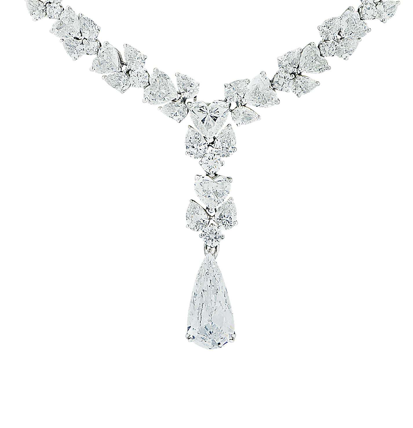Stunning Vivid Diamonds 56 Carat Platinum Diamond Drop Necklace featuring a dazzling pear-shaped diamond centerpiece and intricate diamond arrangement, epitomizing luxury.