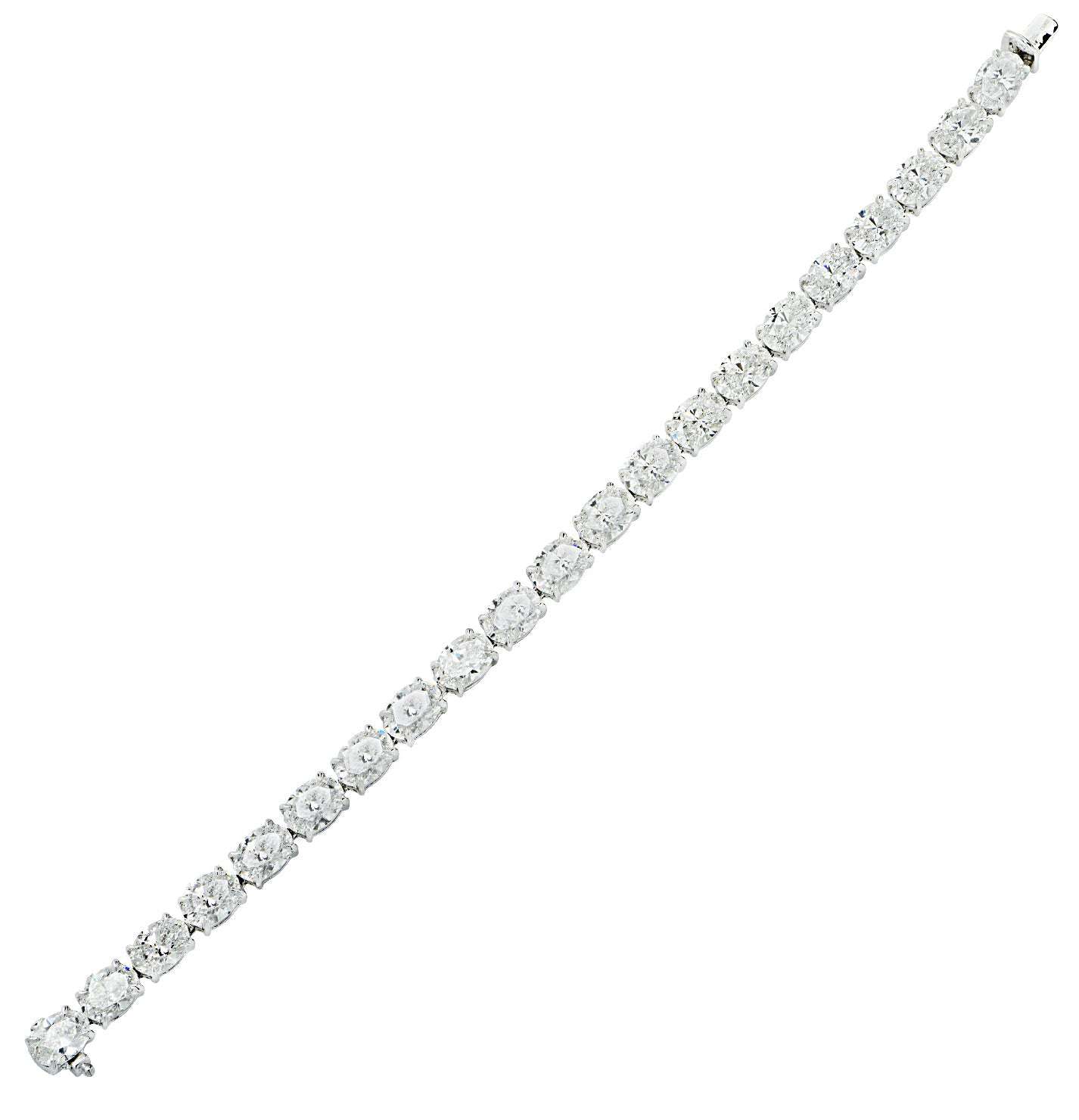Elegant view of the GIA Certified 21.20 Ct Oval Cut Diamond East-West Tennis Bracelet in Platinum by Vivid Diamonds, showcasing the brilliance of multiple oval-cut diamonds aligned perfectly.