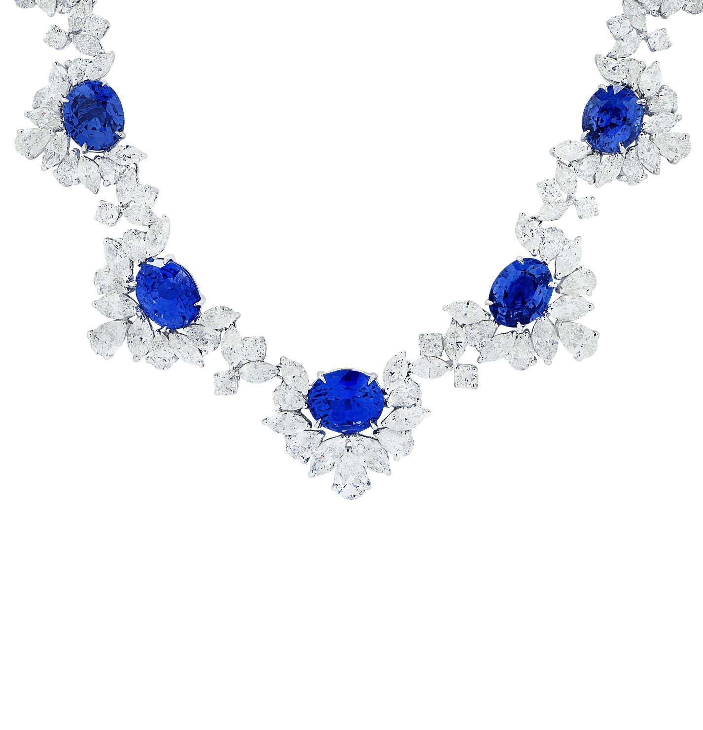 Exquisite 40ct Oval-Cut Sapphire and 42.5ct Diamond Necklace in Platinum by VIVID Diamonds, showcasing vibrant blue sapphires surrounded by luxurious diamond accents, perfect for elegant occasions.