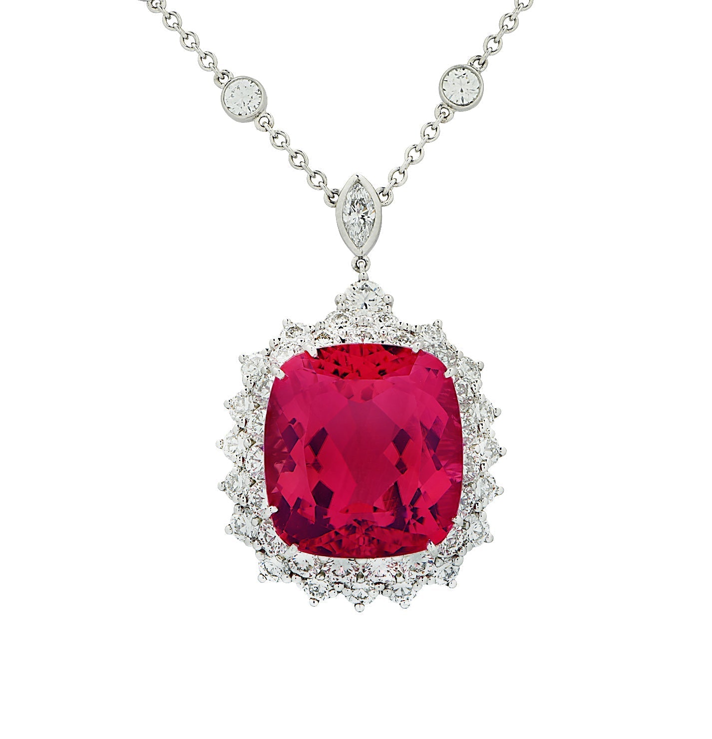 Elegant Tiffany & Co. 18Ct Pink Tourmaline & 8Ct Diamond Necklace in Platinum by Vivid Diamonds, showcasing a vibrant pink tourmaline pendant accented with exquisite diamond details.