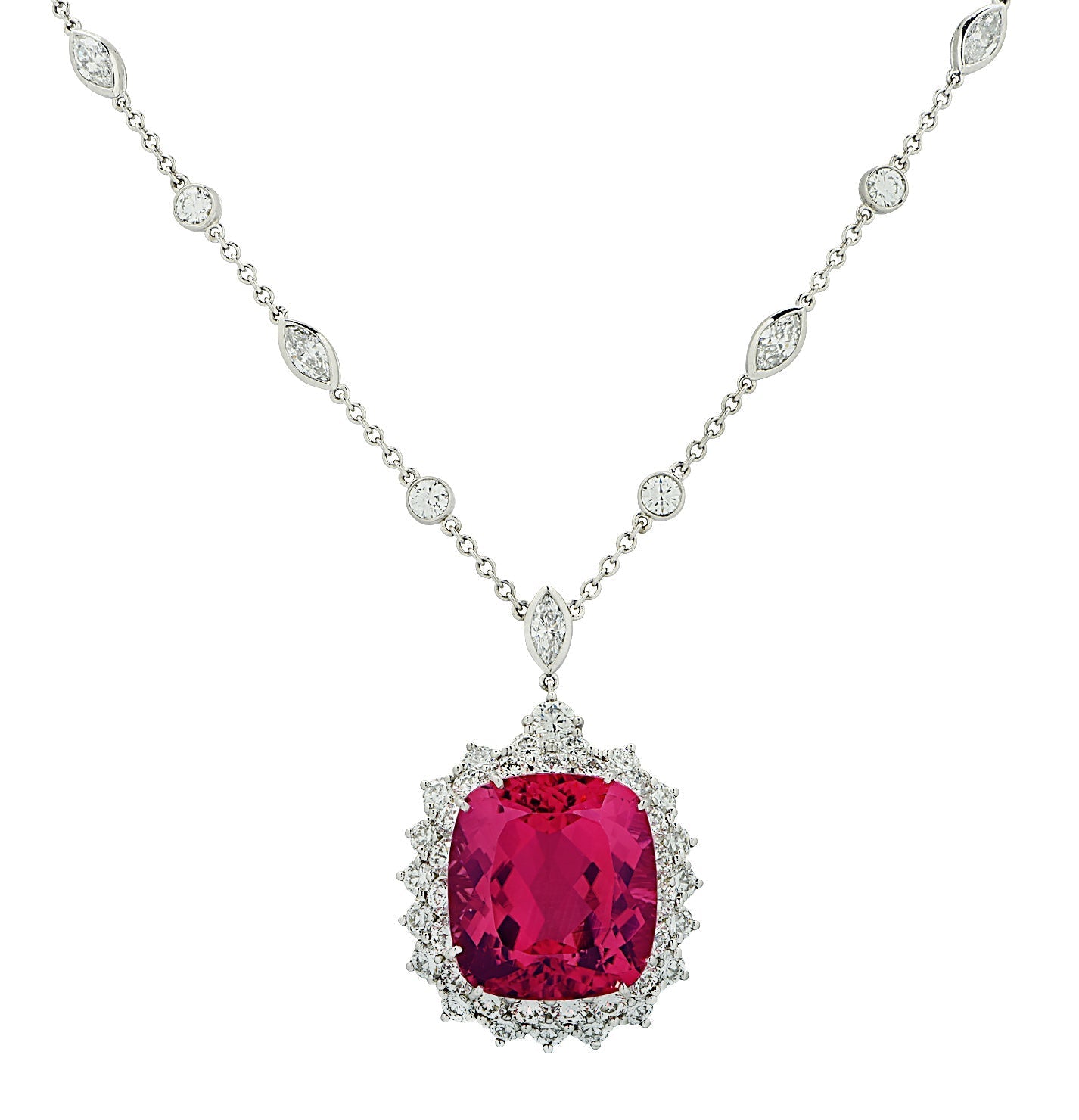 Stunning Tiffany & Co. 18Ct Pink Tourmaline & 8Ct Diamond Necklace in Platinum by Vivid Diamonds, featuring a luxurious cushion cut pink tourmaline surrounded by a double halo of sparkling diamonds.