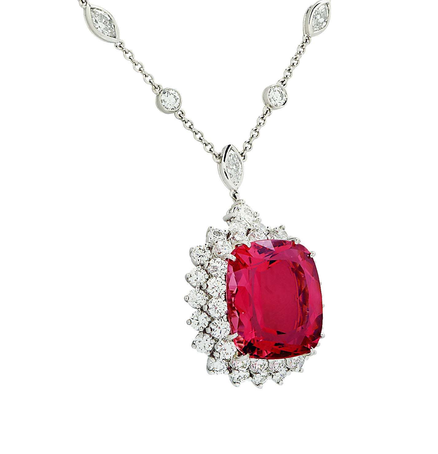 Gorgeous Tiffany & Co. 18Ct Pink Tourmaline & 8Ct Diamond Necklace in Platinum by Vivid Diamonds, highlighting a large pink tourmaline framed by brilliant cut diamonds on a refined platinum chain.