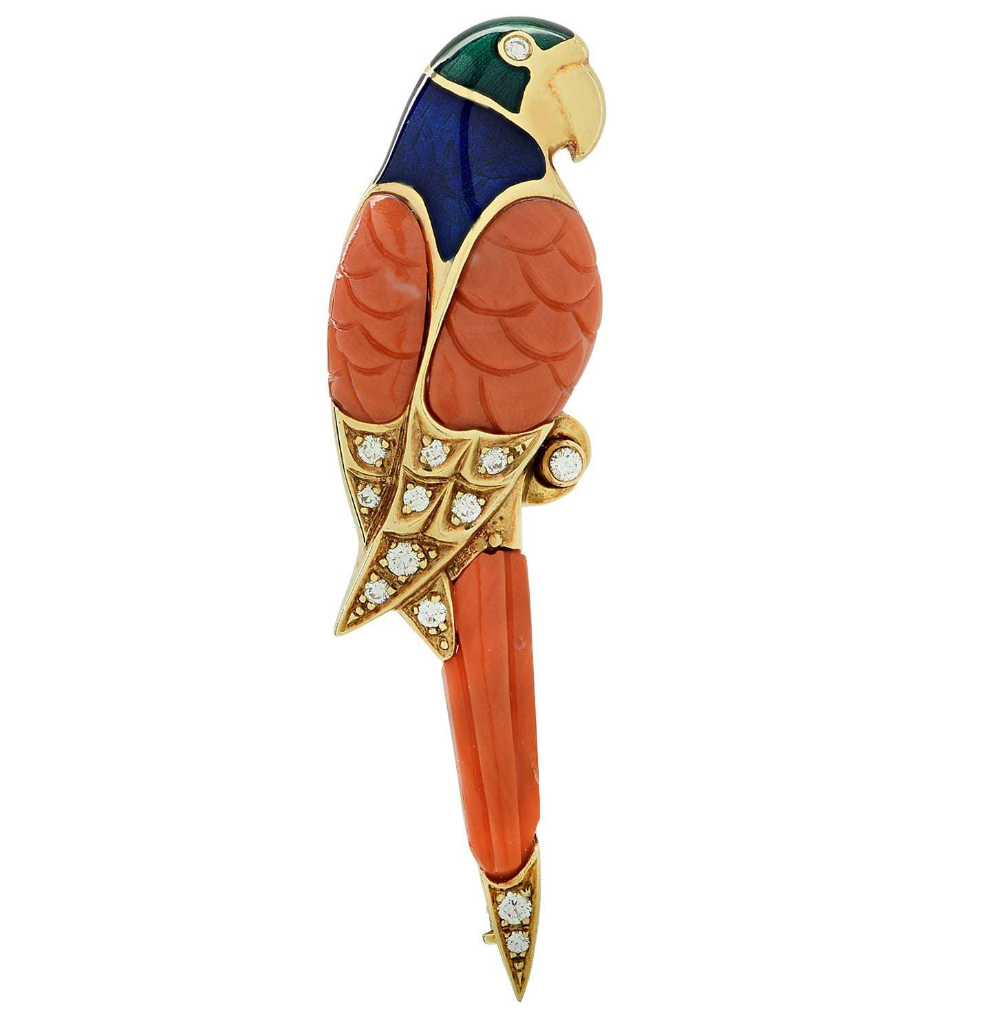 Luxurious Fabergé Coral, Diamond & Enamel Parrot Brooch Pin in 18K Yellow Gold by Vivid Diamonds, featuring a majestic parrot design adorned with vibrant coral and 0.18ct diamonds, perfect for fine jewelry collectors.